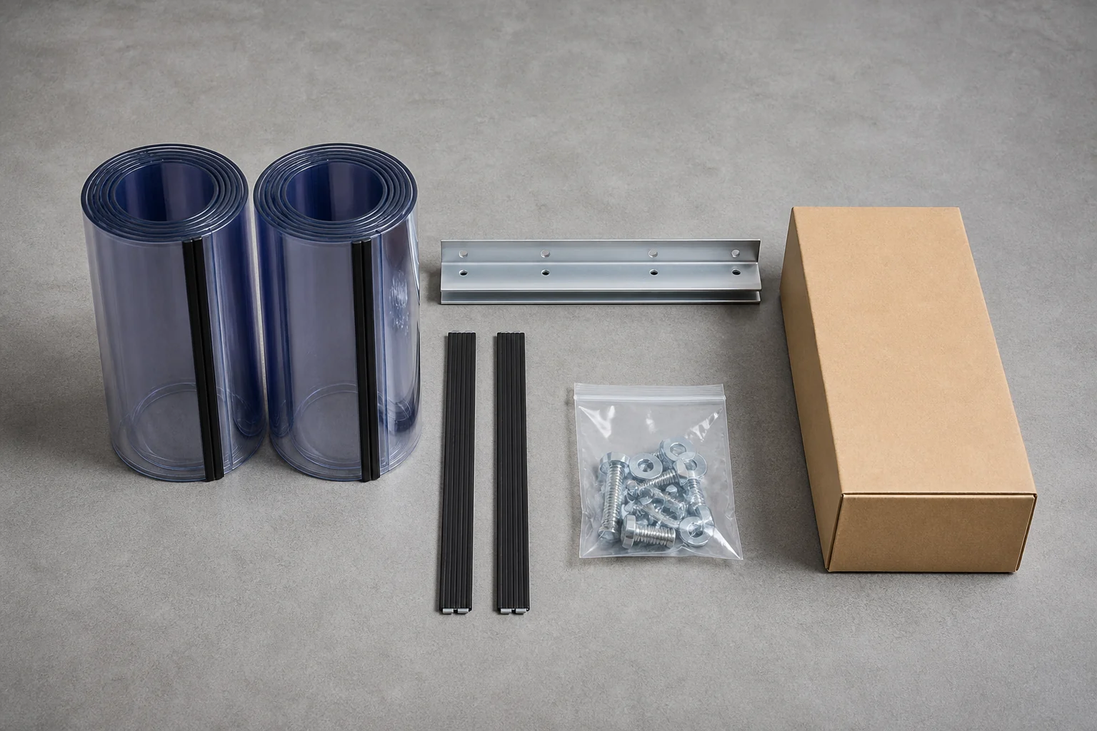 Complete paired panel rolls, rail, edge strips, hardware pouch and plain carton.