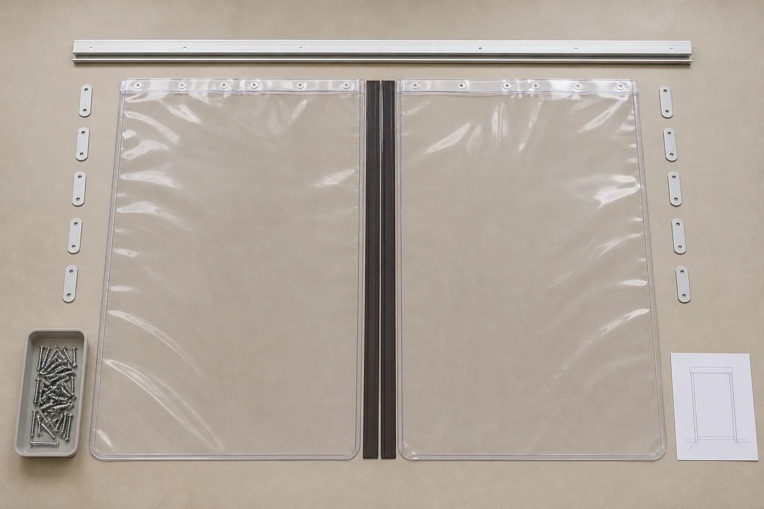 Complete two-panel kit laid out with rail, side pieces and generic fasteners.