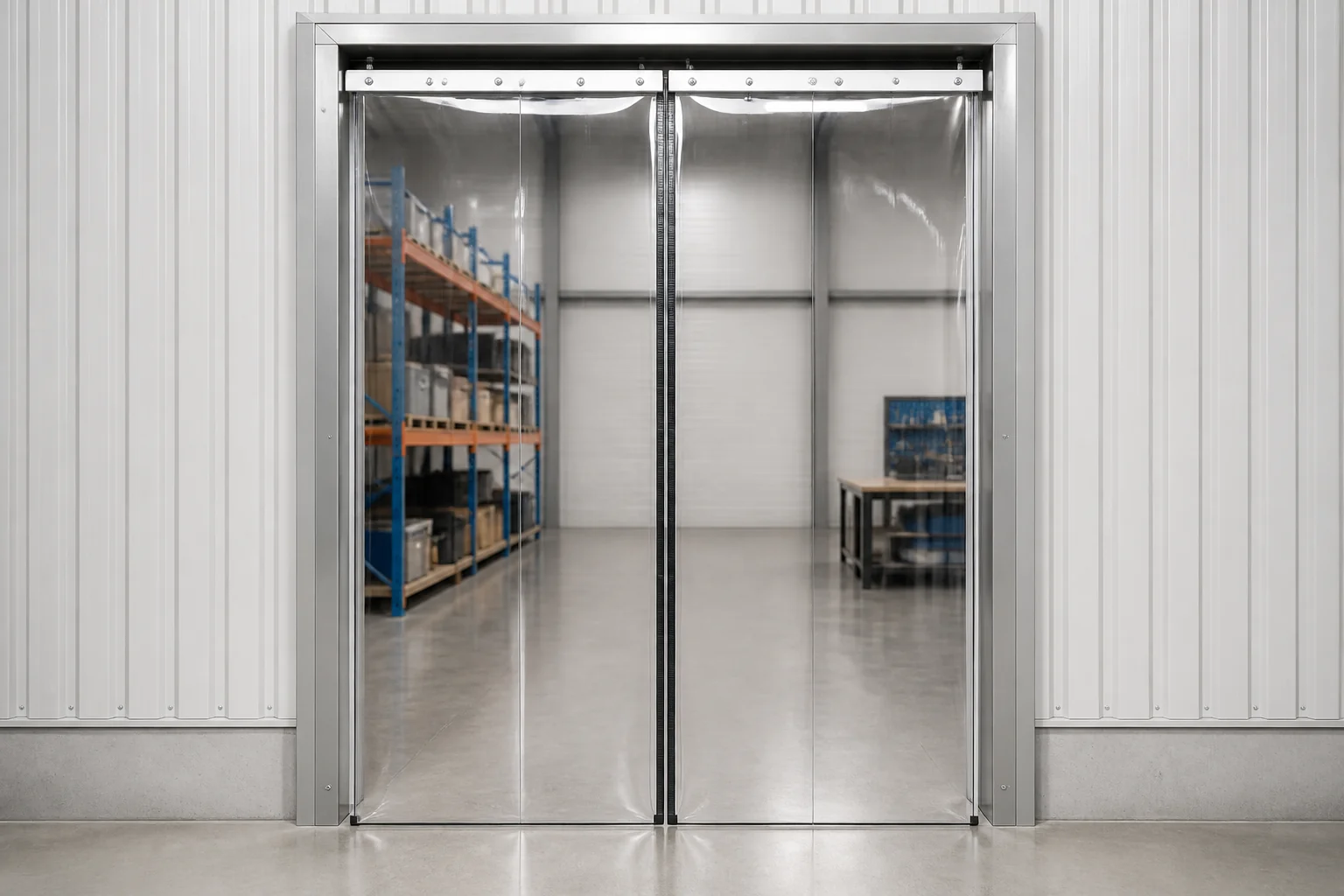Complete industrial doorway fitted with twin clear magnetic PVC panels without text overlay