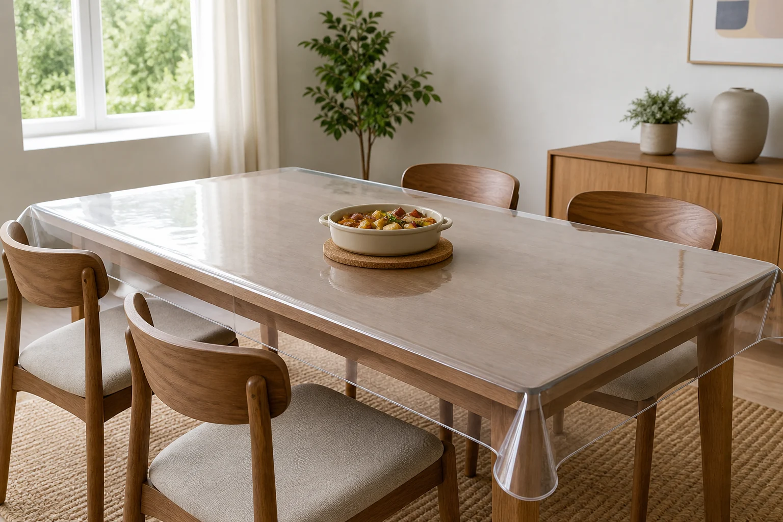 A full table-cover view shows a warm serving dish separated from the PVC by a cork trivet.