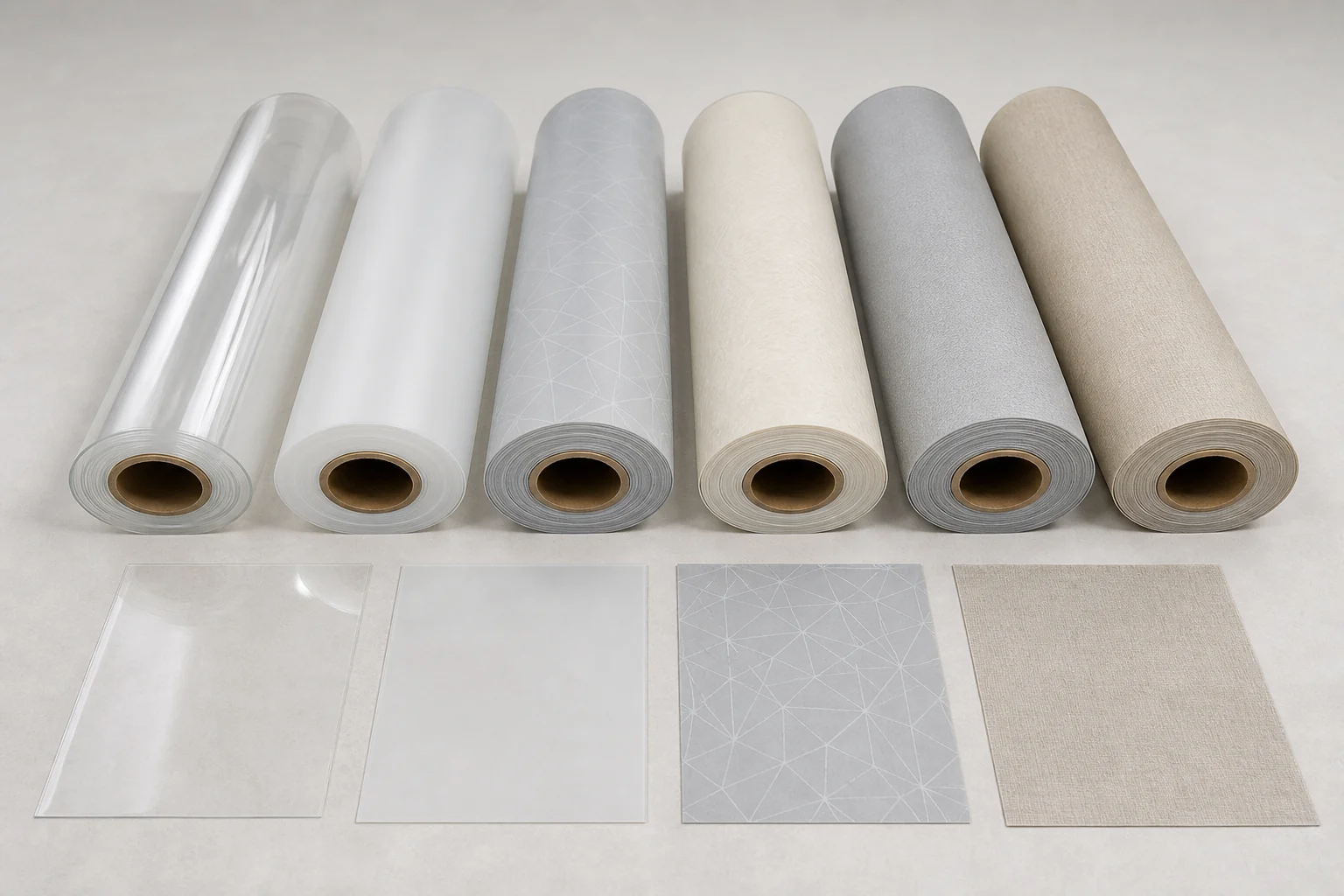 Clear, frosted and patterned PVC rolls with complete reference sheets for construction planning.