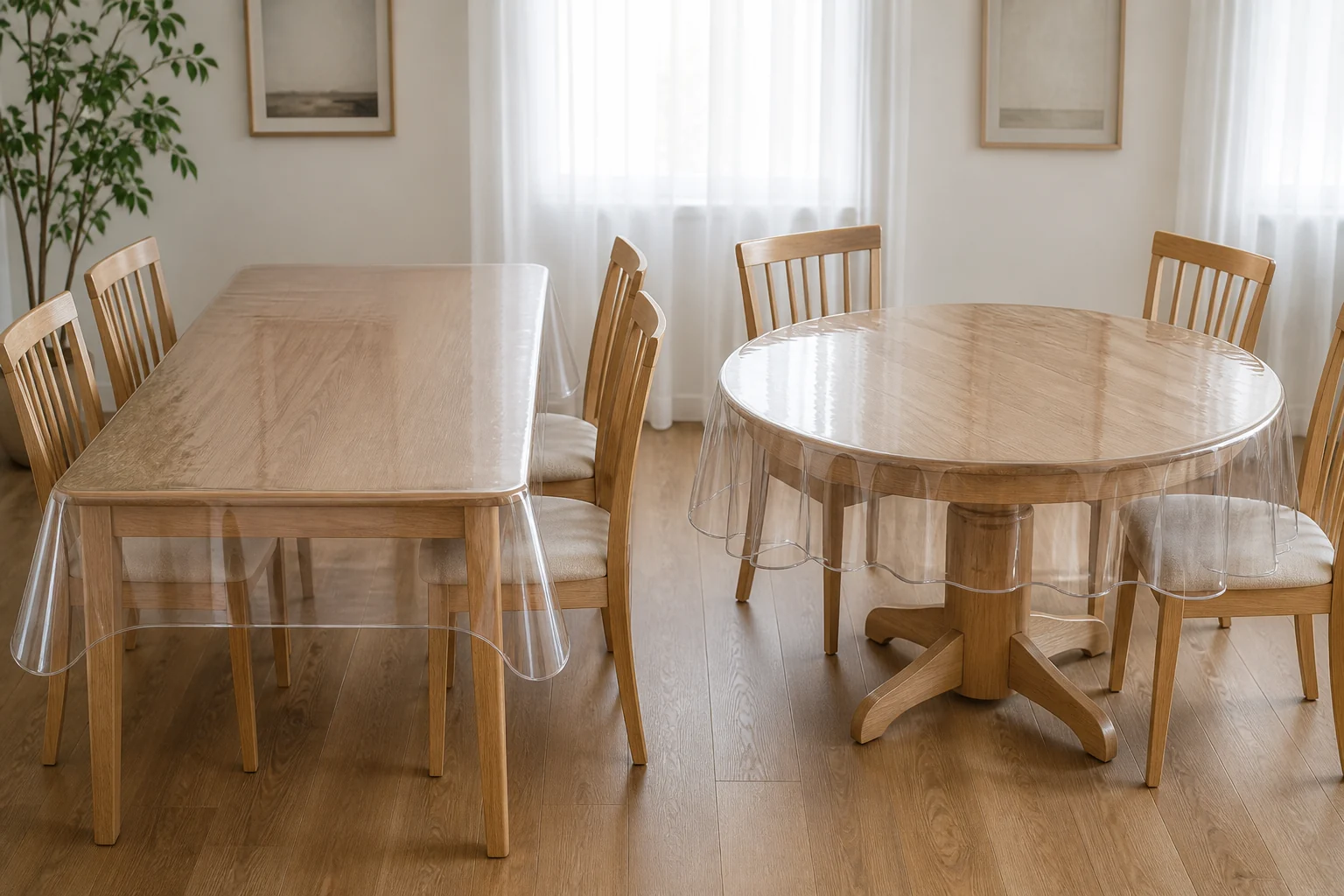 Complete rectangular and round clear table covers shown together for geometry review.
