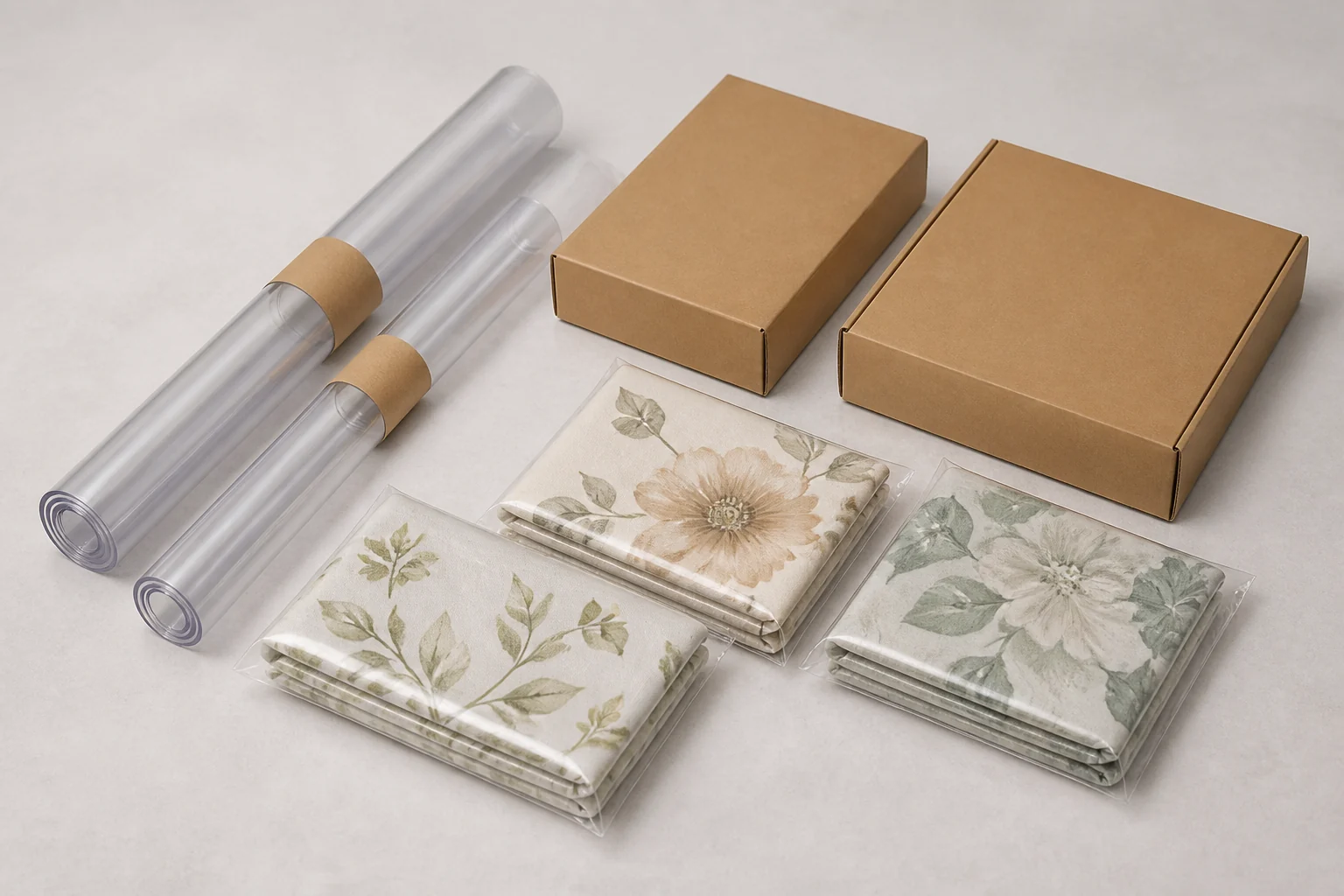 Rolled protectors, folded printed pieces and plain cartons illustrate alternative supply formats.