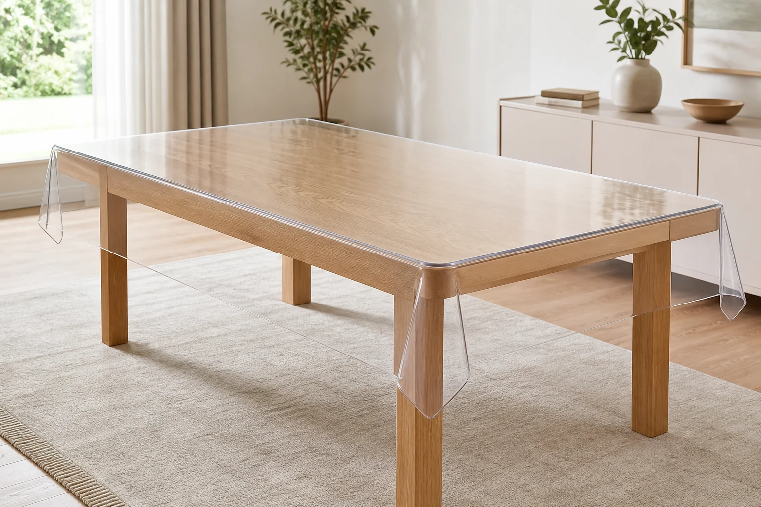 Complete clear PVC protector covering an entire rectangular wood table without text overlay