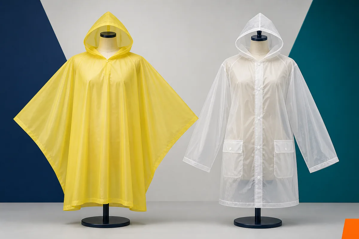 Yellow cape poncho and translucent hooded jacket arranged for EVA or PEVA rainwear architecture comparison