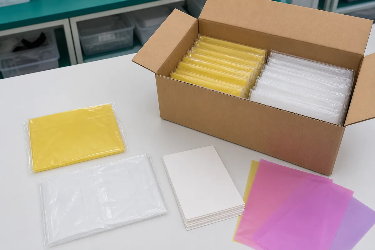 Flat-folded yellow and clear EVA or PEVA rainwear in transparent bags with paper separators and a kraft carton