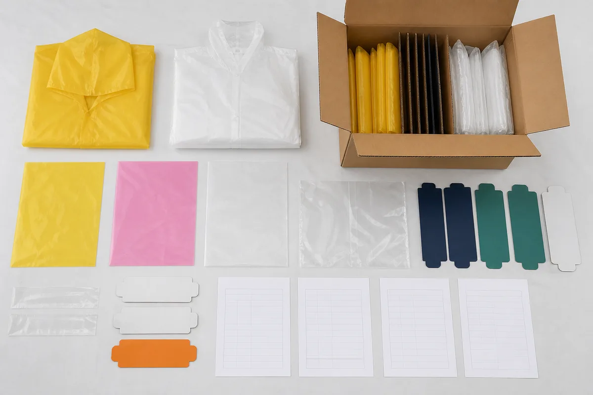 EVA or PEVA film, garment, packed reference and lot-inspection records arranged as release gates