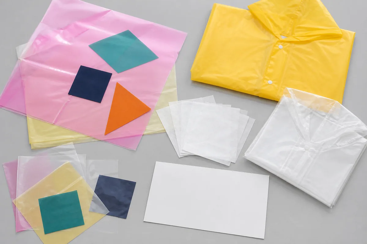 EVA or PEVA print, translucency and fold-contact approval samples on a neutral review table