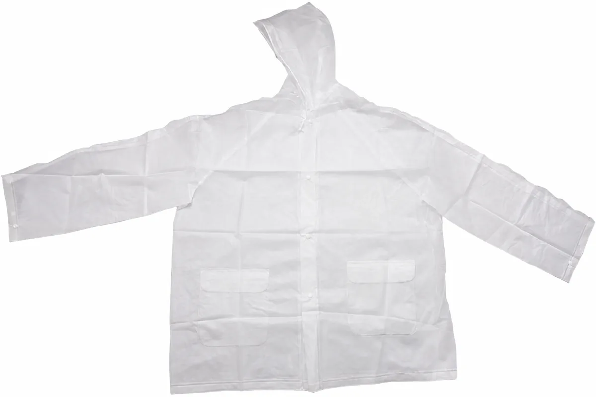 Translucent hooded snap-front rain jacket showing sleeve, closure and hood architecture