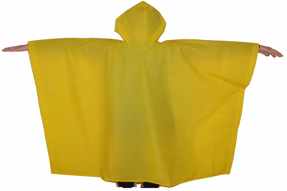 Yellow hooded EVA or PEVA cape poncho with wide body coverage and open sleeve access