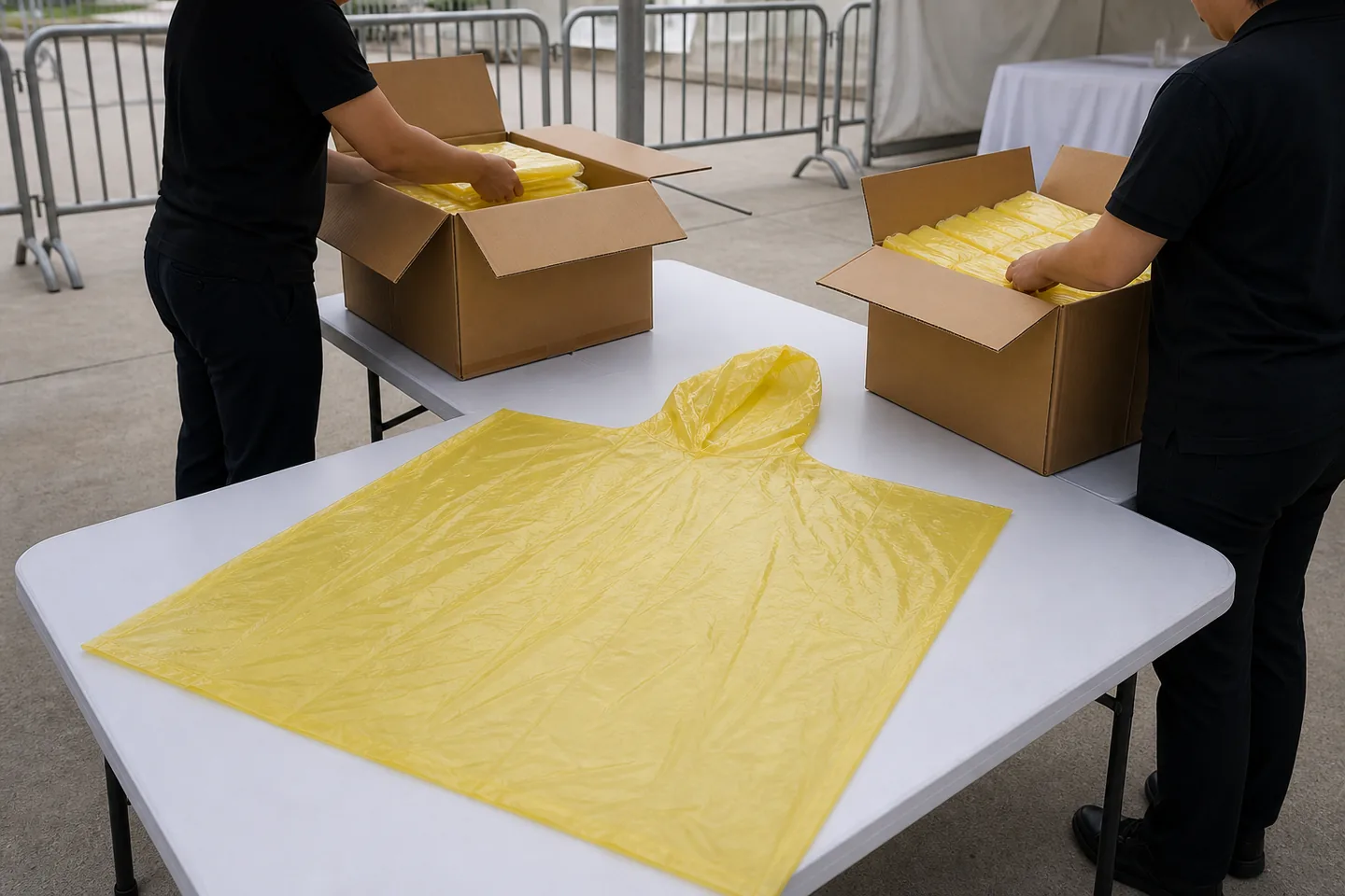 Event staff preparing unbranded yellow PE cape ponchos and cartons at an issue point