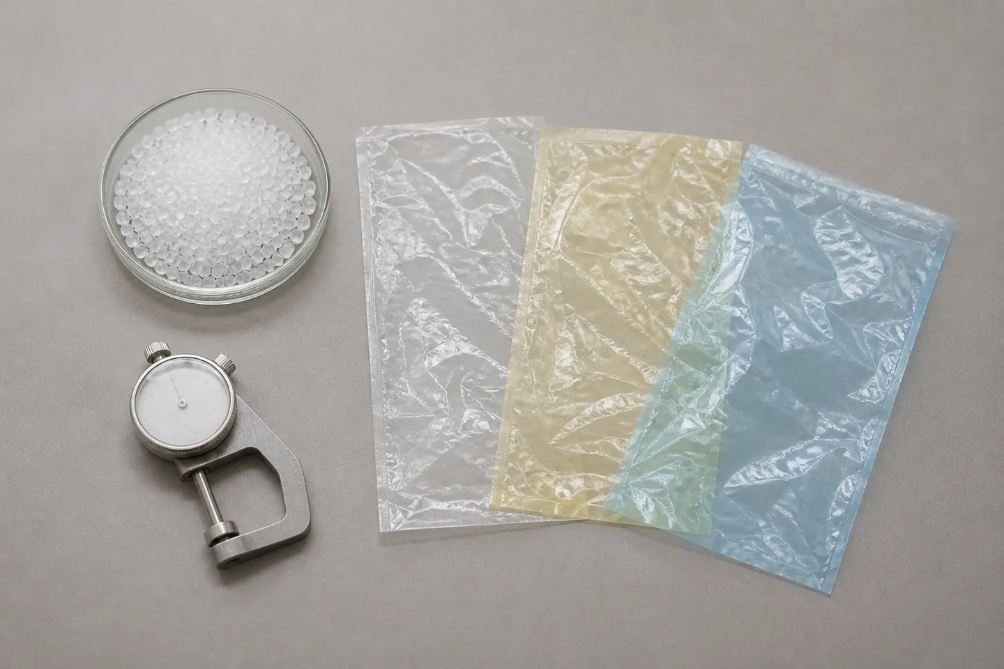 Polyethylene pellets, clear yellow and blue film specimens, and a thickness gauge on a neutral review table