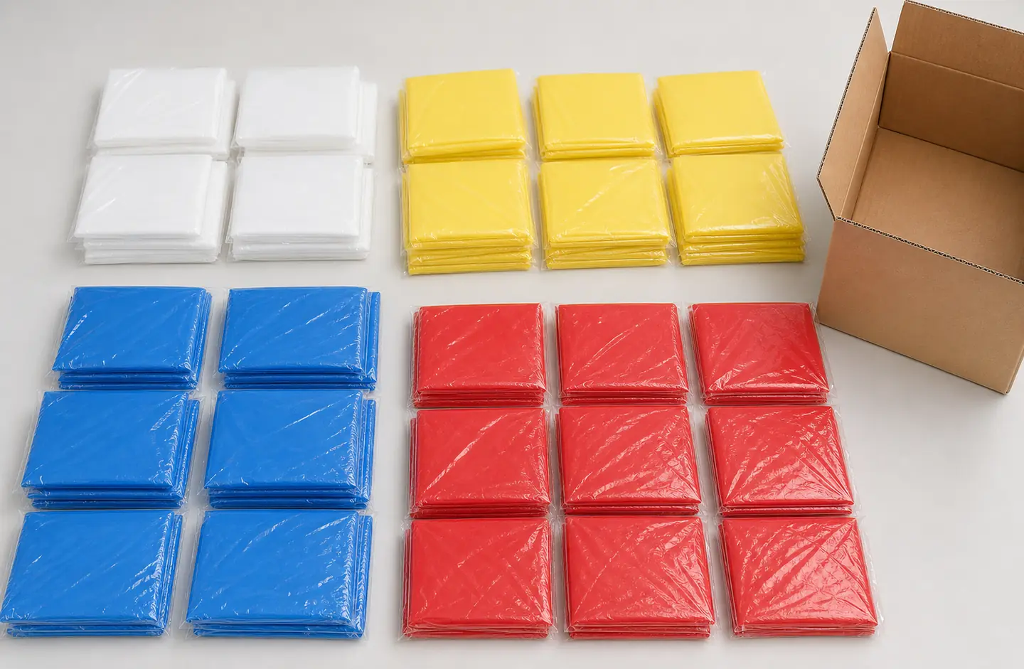 Unbranded clear yellow blue and red flat PE poncho packs arranged beside a plain carton