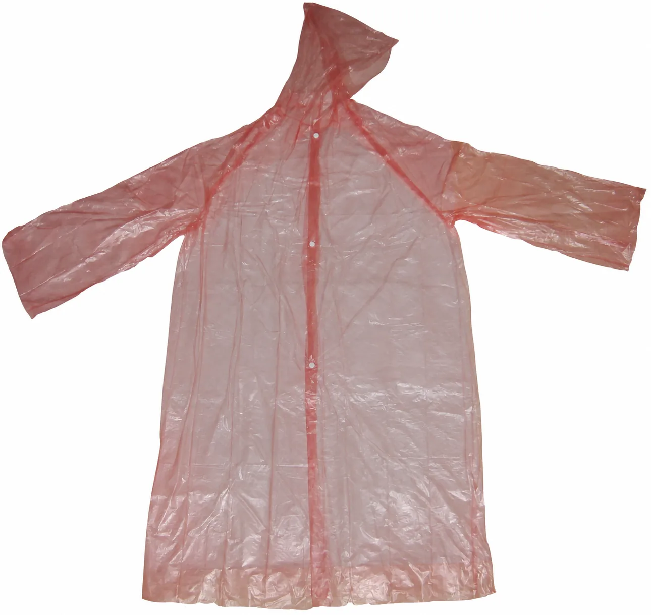 Plain red translucent PE disposable raincoat with attached hood, sleeves and snap front