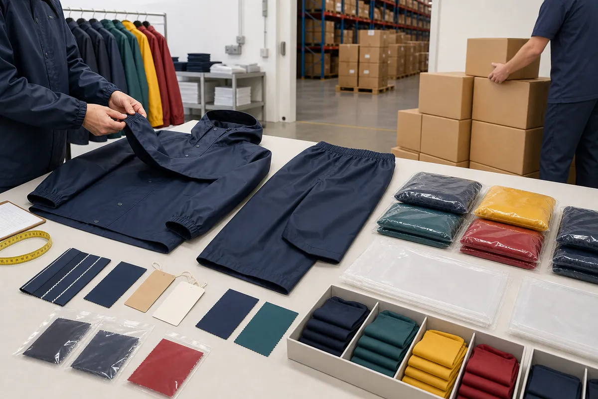 Finished PU rain jacket and trousers inspected before size-color sorting and export carton pack-out