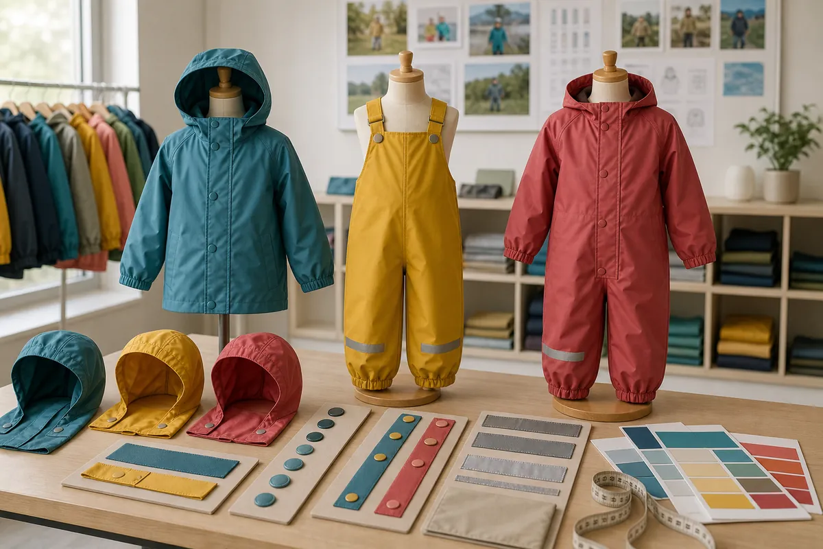 Child-size PU rain jacket, bib overall and puddle suit mannequins with closure, trim and color review samples