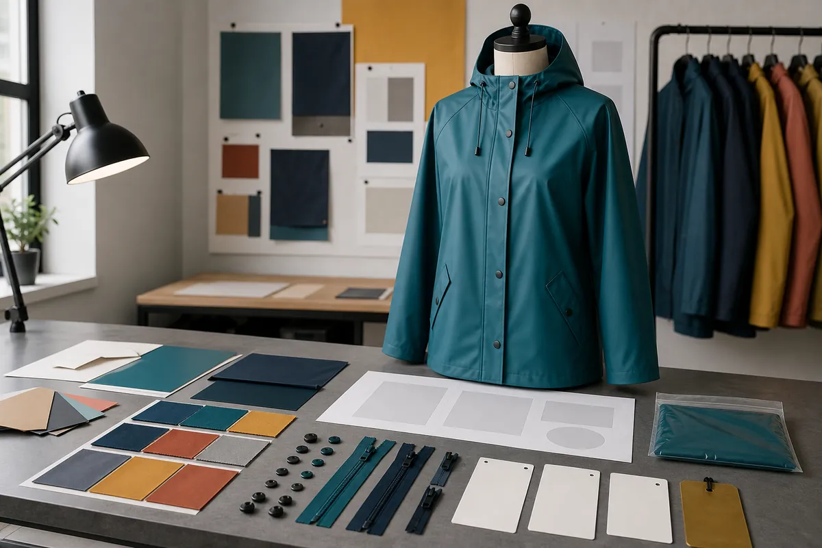Unbranded PU rain jacket with color swatches, blank artwork zones, zippers, snaps and sealed sample references