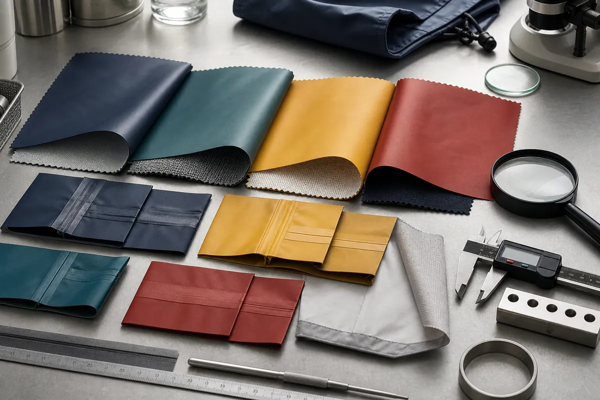 Unbranded coated textile swatches, backing fabrics, lining and seam samples prepared for PU rainwear material review