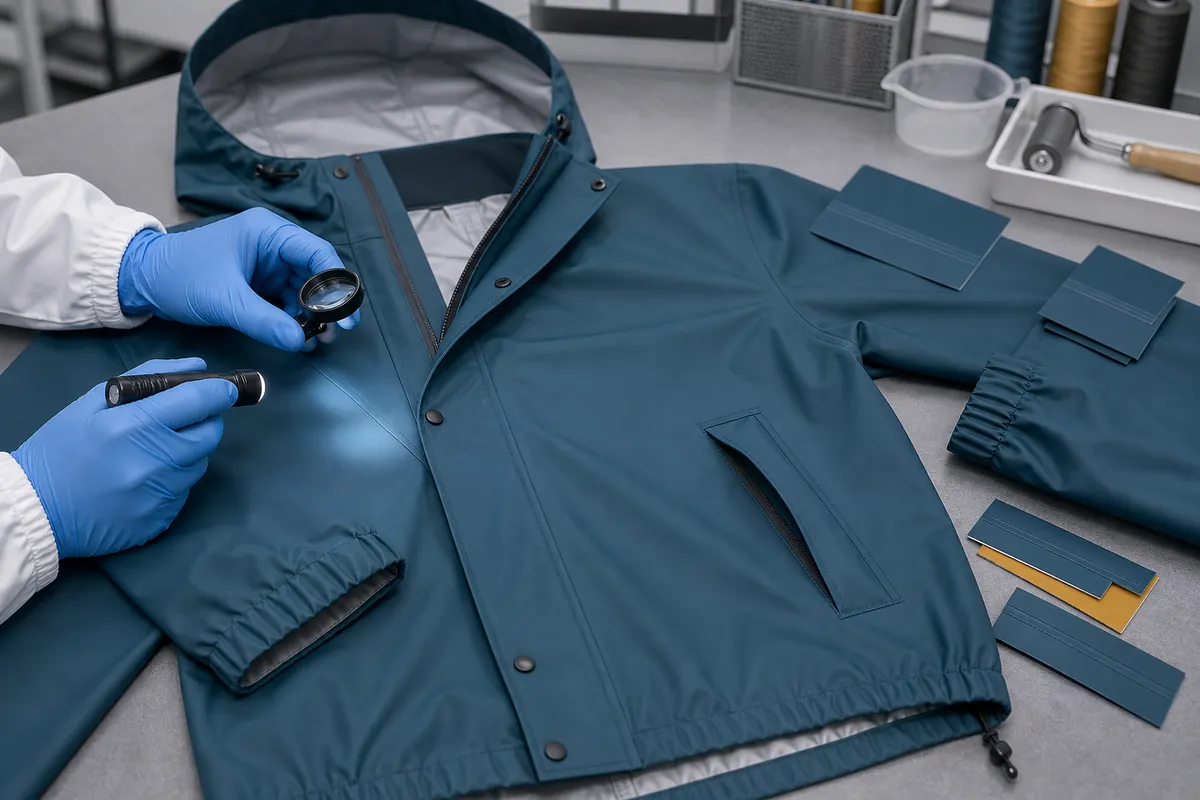 Unbranded PU rain jacket hood, placket, pocket, cuff and seam interfaces inspected on a quality bench