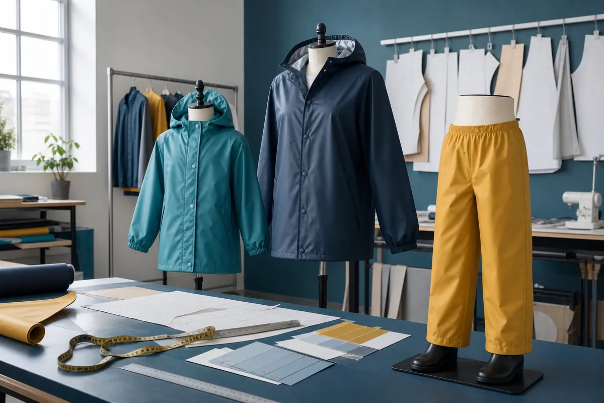 Adult and child PU rainwear samples, trousers, patterns and measuring tools prepared for size and fit review