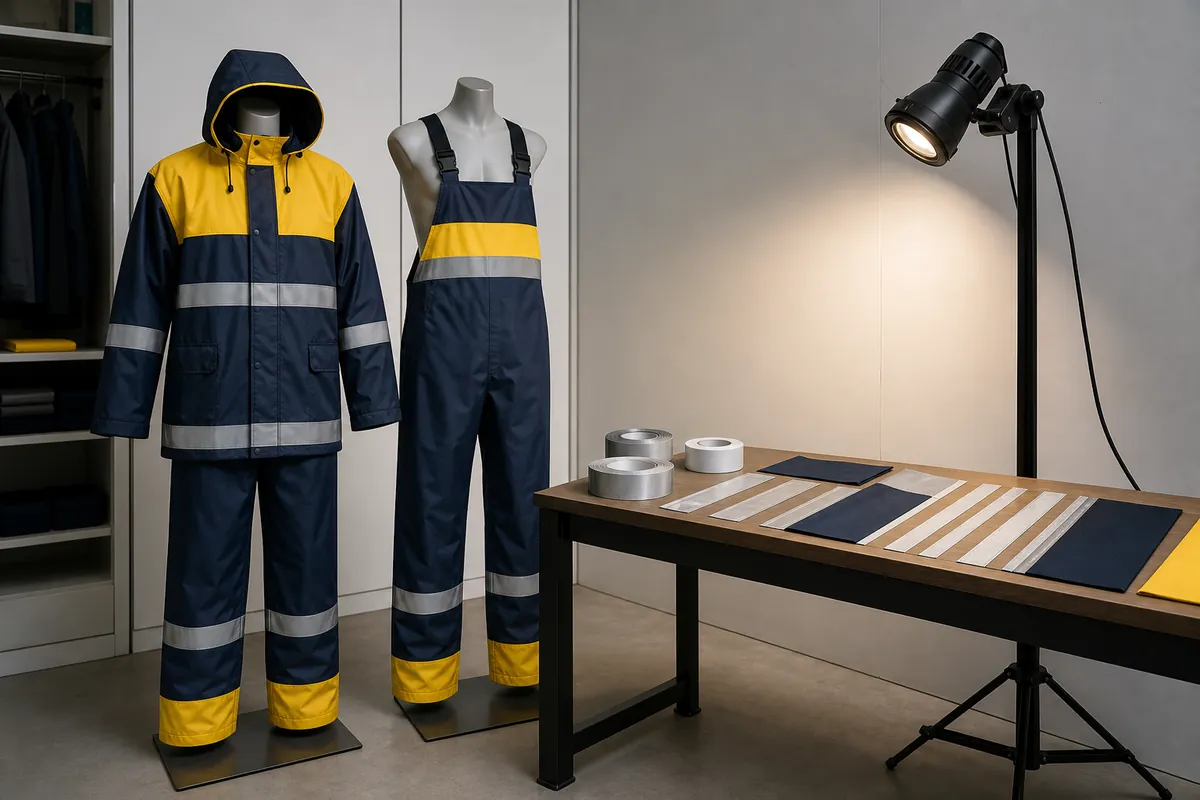 Unbranded PU work rainwear and reflective-detail samples reviewed under controlled lighting