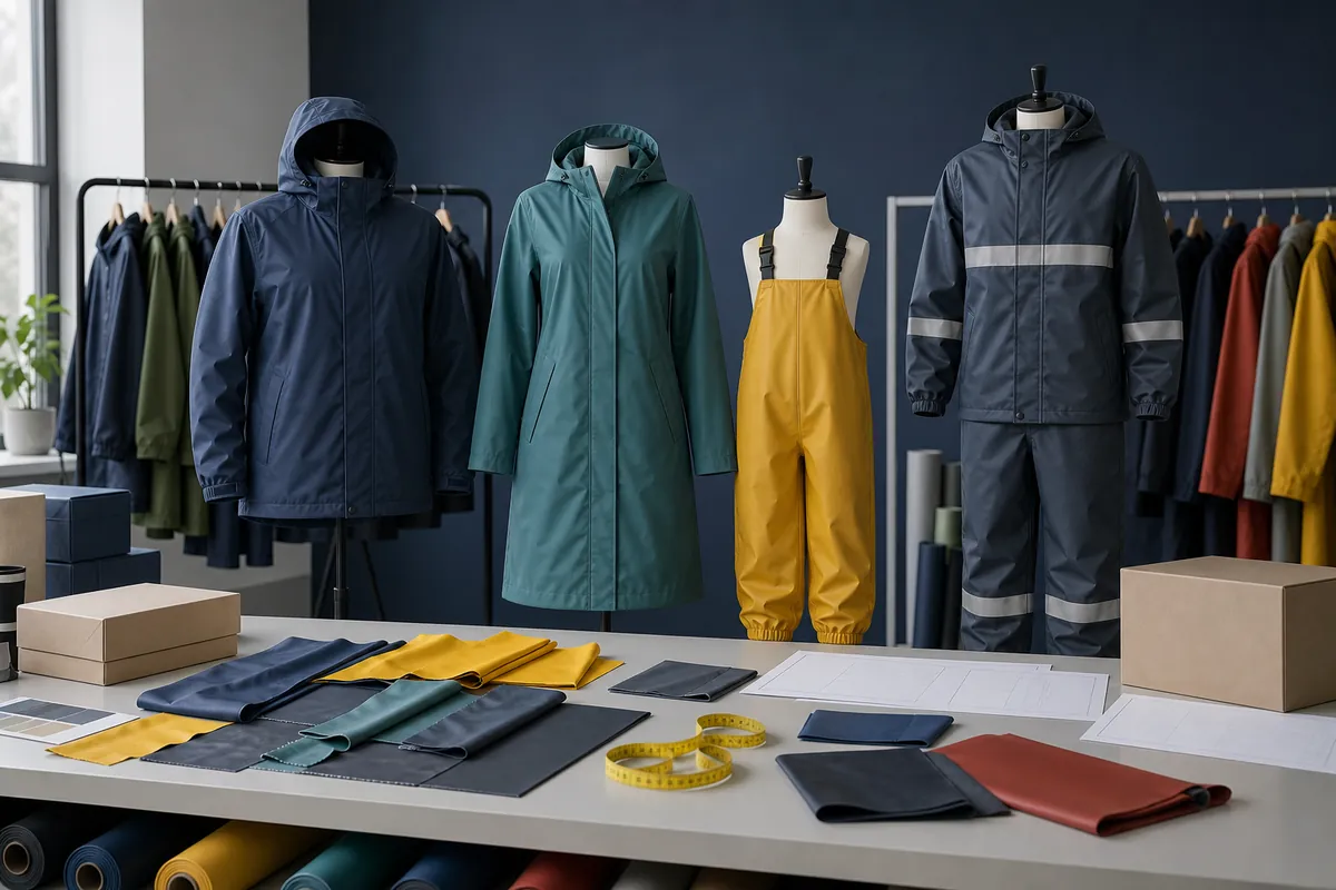 Unbranded adult, women, child and work PU rainwear samples arranged for a wholesale specification review