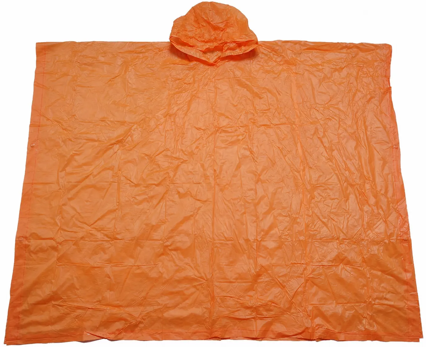 Clean EverBen-owned orange PVC rain poncho photograph showing complete hooded silhouette, side snaps, color and glossy surface