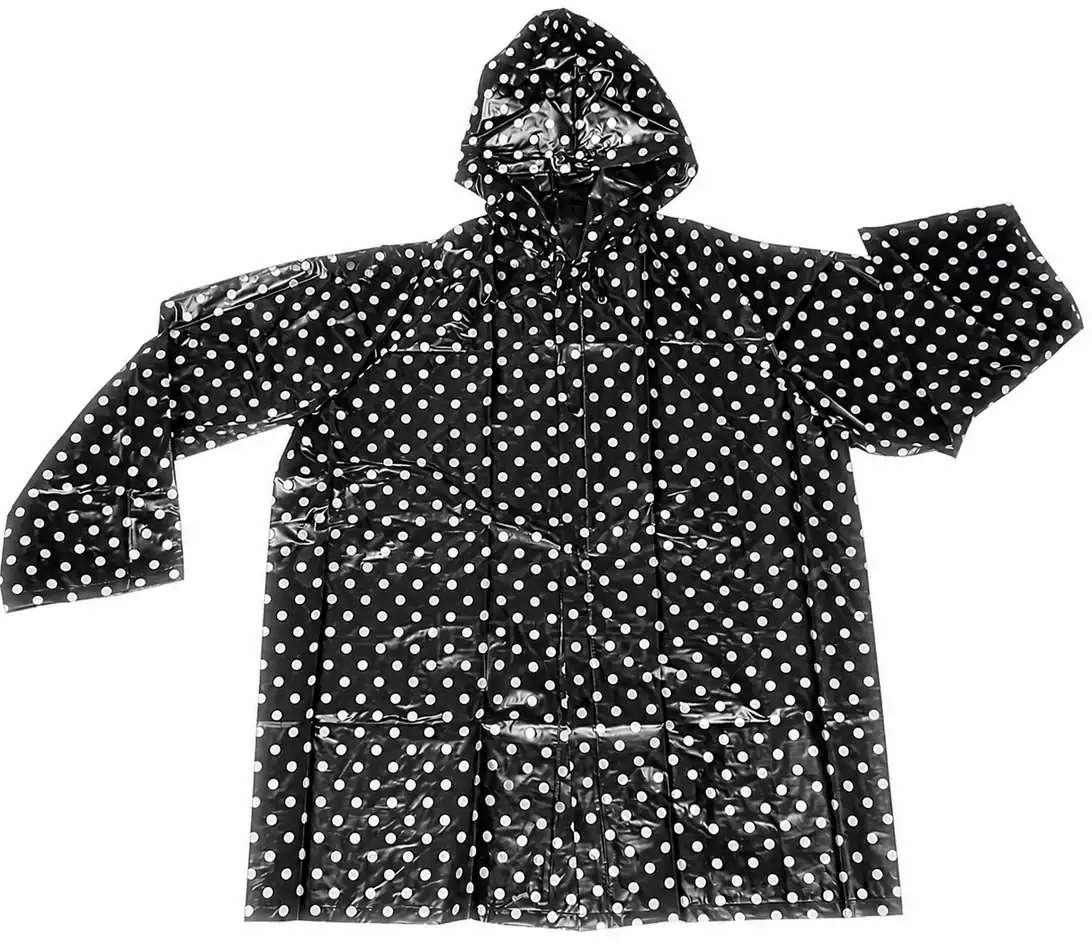 Clean EverBen-owned black patterned PVC hooded jacket with complete sleeves, opening and pockets
