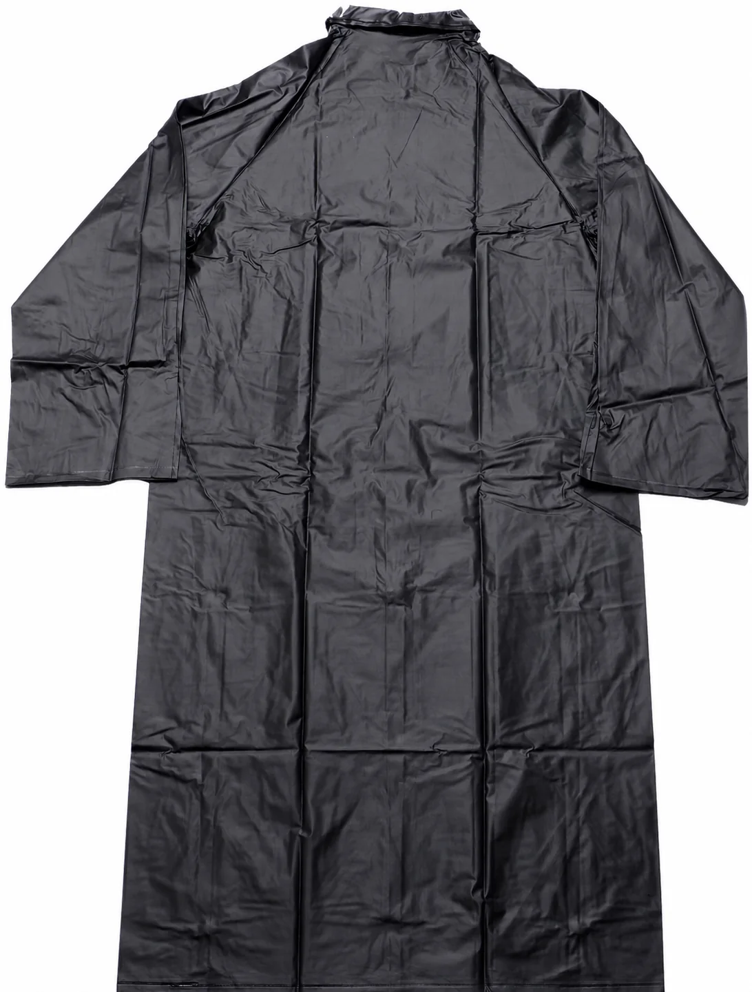 Clean EverBen-owned black PVC long raincoat rear view showing authentic gloss and folds