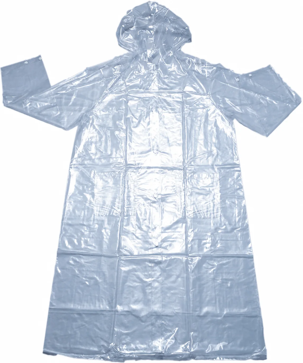 Clean EverBen-owned clear PVC hooded long raincoat showing full sample silhouette and pockets