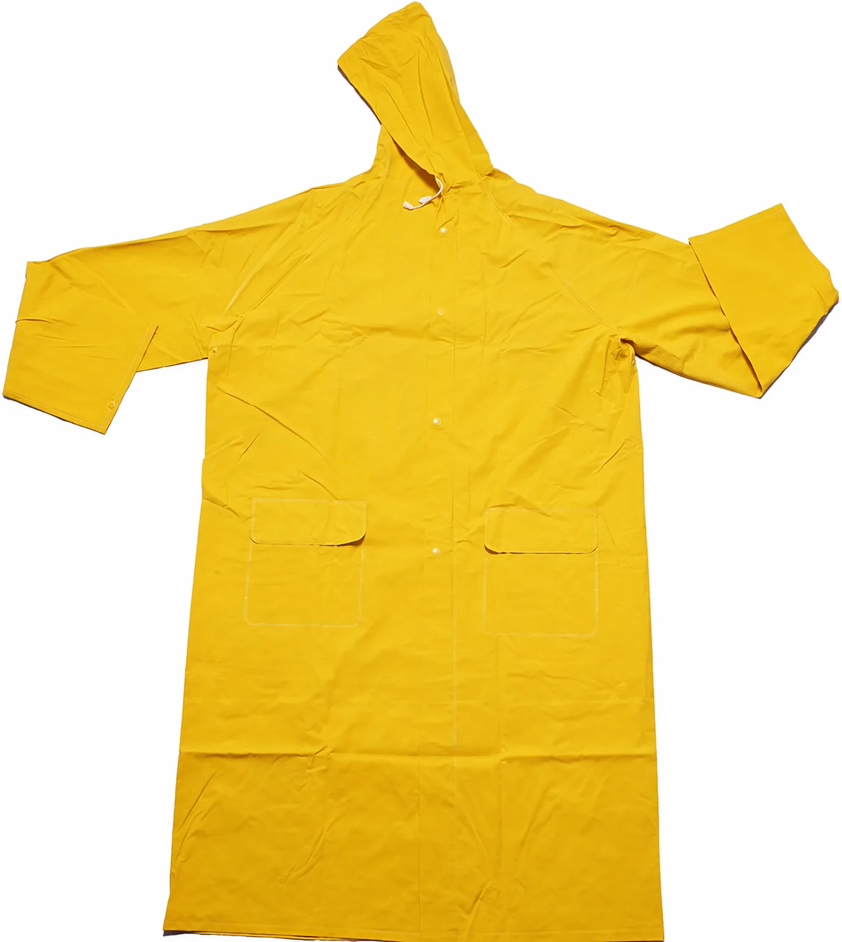 Clean EverBen-owned yellow PVC long raincoat front view with hood, snaps and pockets