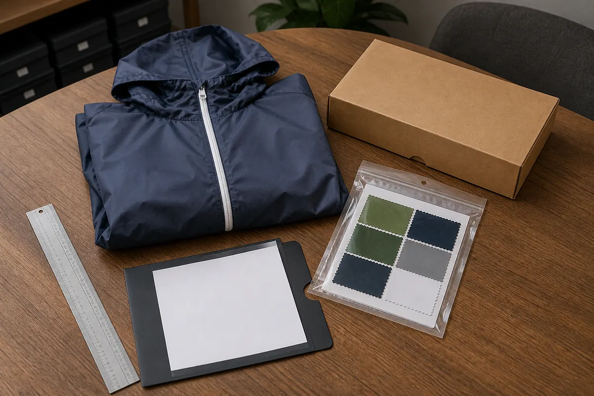 Complete folded unbranded rain jacket with sealed swatches, ruler and plain carton prepared for approval