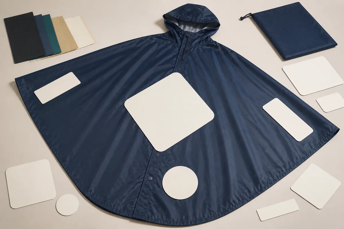 Complete unbranded hooded rain cape with blank placement templates and a plain storage pouch