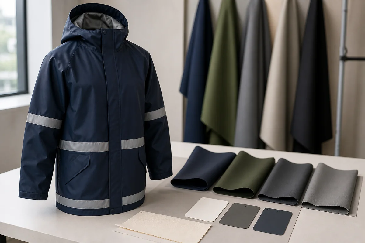 Complete unbranded hooded rain jacket and flexible swatches prepared for material-route comparison