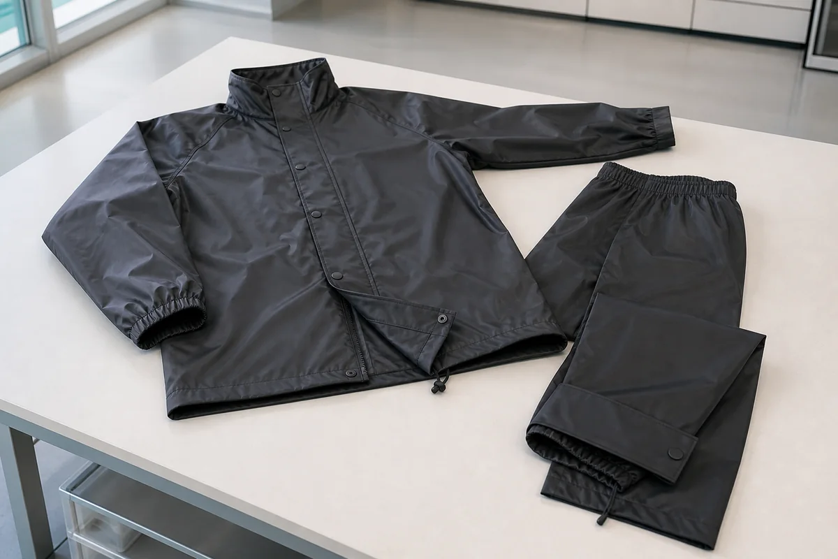 Complete plain coated rain jacket and trousers arranged to review cuffs, hems, waist overlap and closures