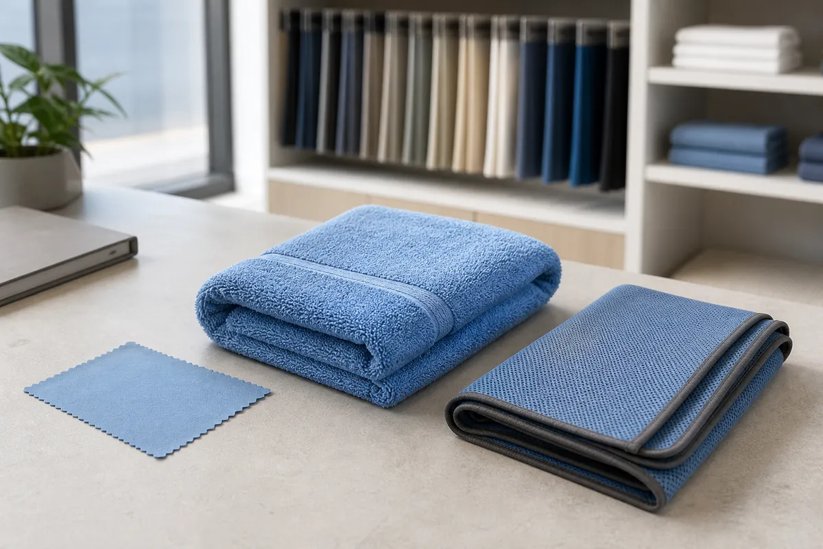 Small cleaning cloth, folded bath towel and compact sports towel separated by application route