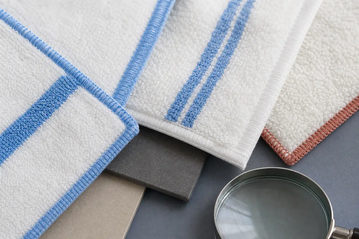 Three towel corners with different stitched edges, borders and looped surfaces beside a neutral magnifier