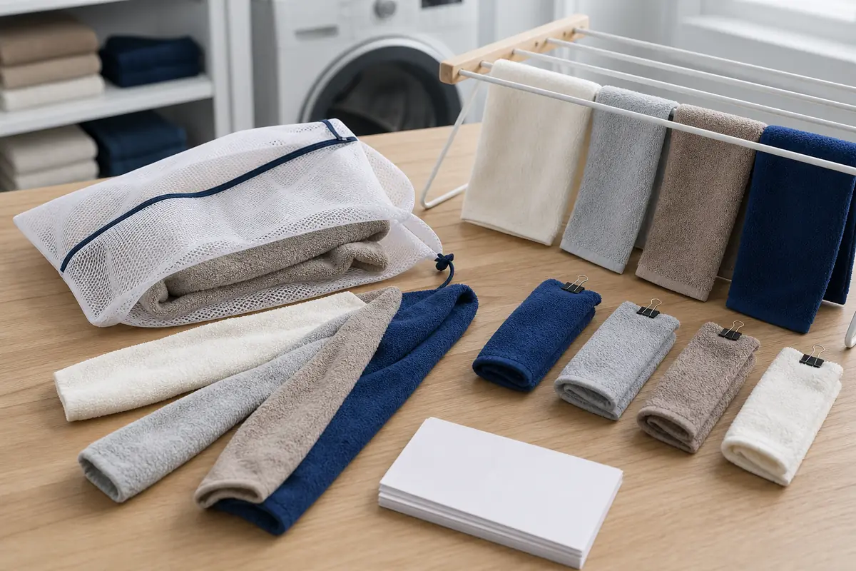 Plain towel samples with mesh wash bag, drying rack and blank cycle card for laundry review