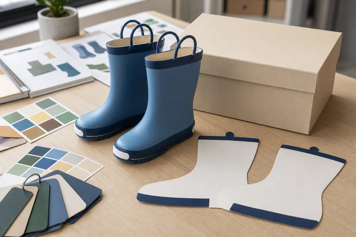 Plain child-size rain boots with blank artwork templates, color chips and an unmarked shoe box