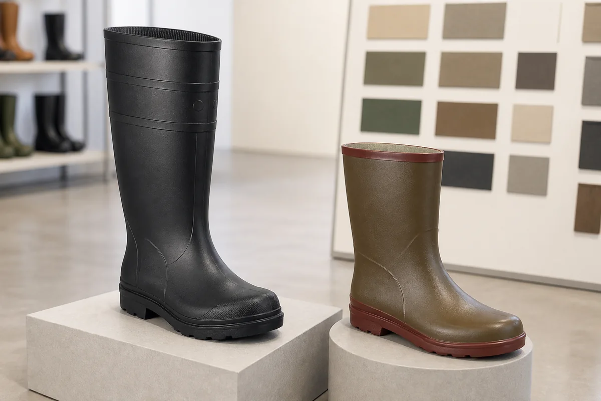 Tall dark and mid-height earth-tone molded rain boots displayed as separate sourcing routes