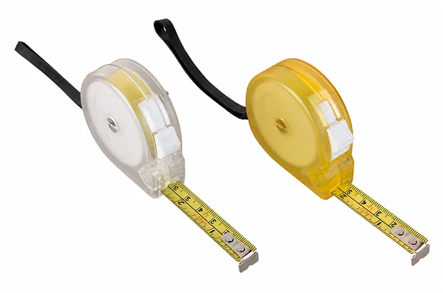 Complete translucent pocket tape measure housings in two shapes with visible blades and key rings