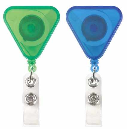 Complete green and blue triangular retractable badge holders with clear straps and metal snaps