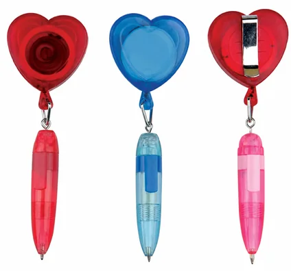 Three complete heart-shaped retractable pen and badge-reel items in red blue and pink