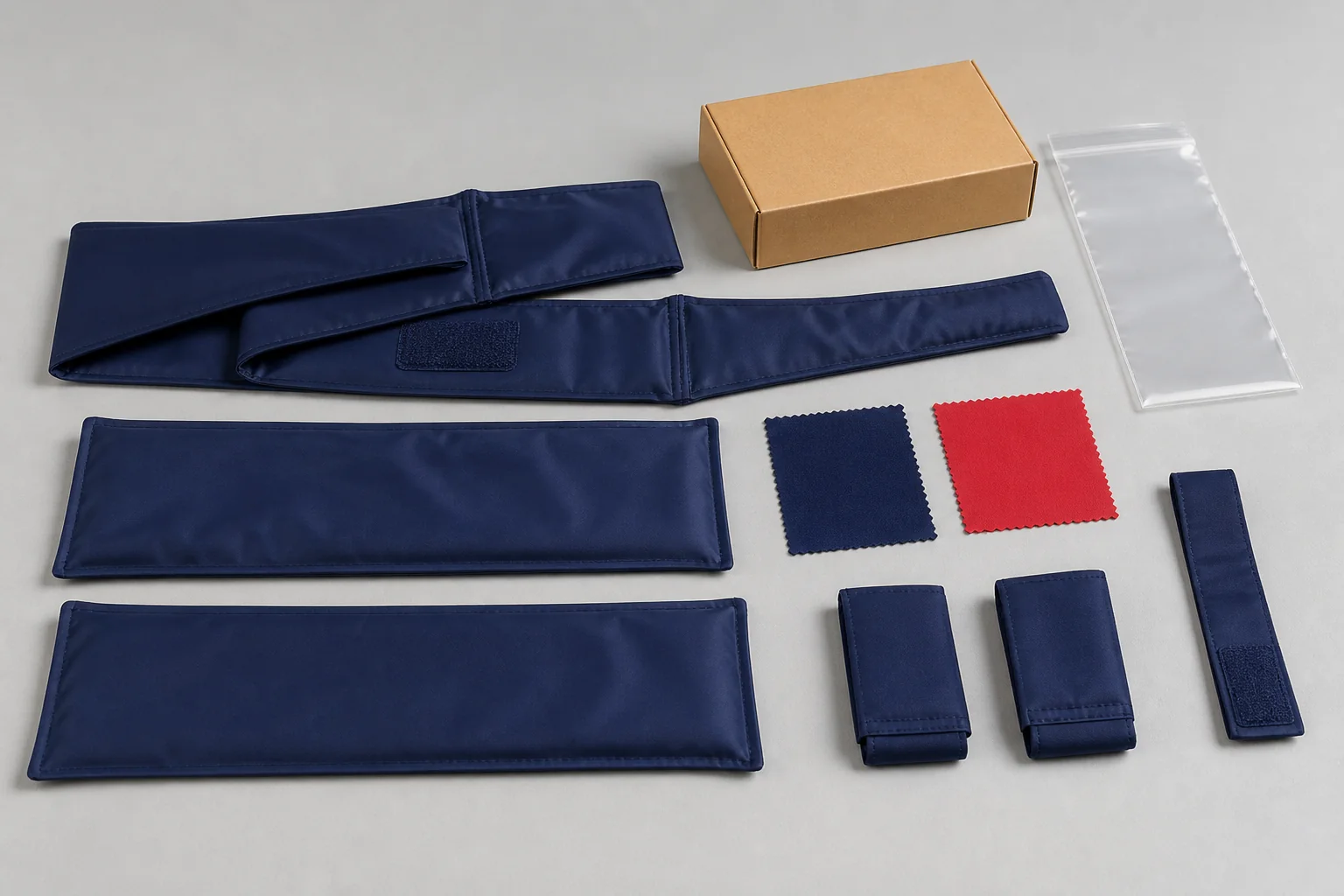 Textile cooling wrap sleeves, material swatches, packing box and blank resealable packaging reference arranged for buyer review