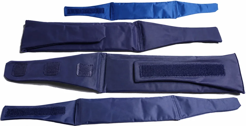 Four complete navy segmented cooling headband views showing compartments, closure and fold orientation