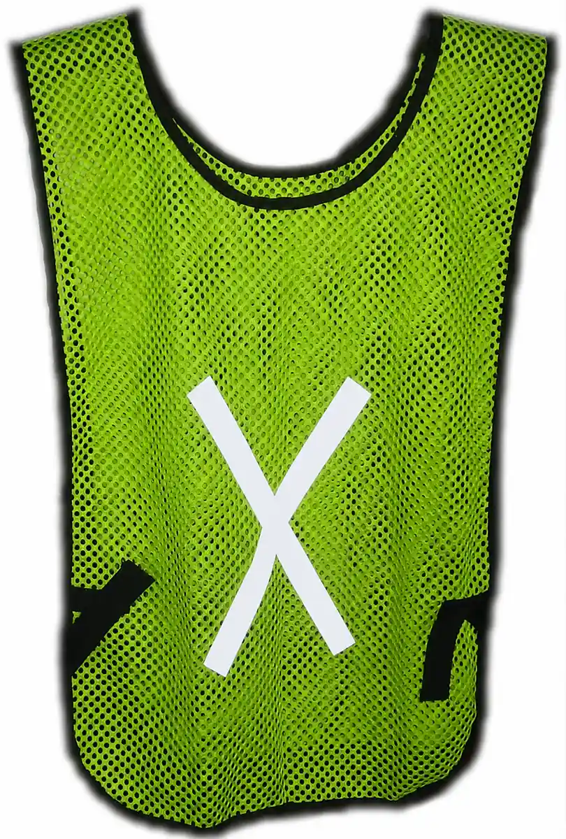 Complete green mesh high-visibility vest with neckline binding side straps and white X-band placement