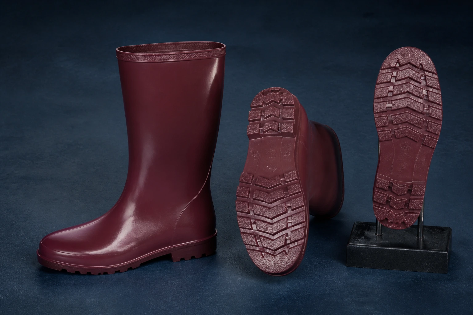 Complete burgundy boot beside matching outsole geometry views