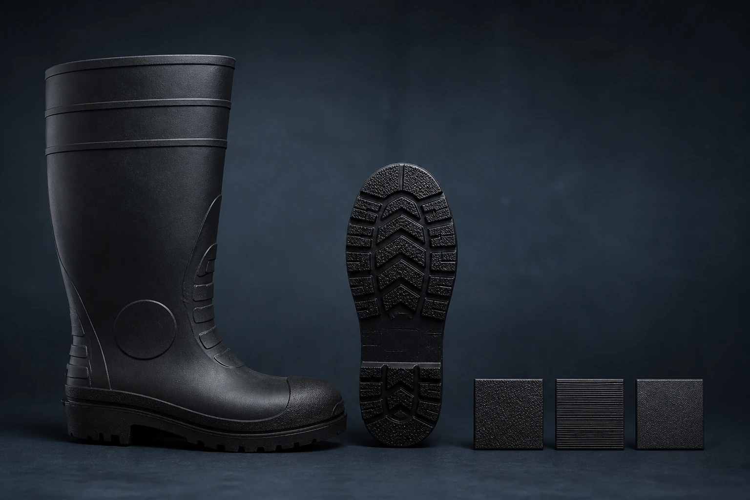 Complete black boot beside outsole and surface-texture specimens