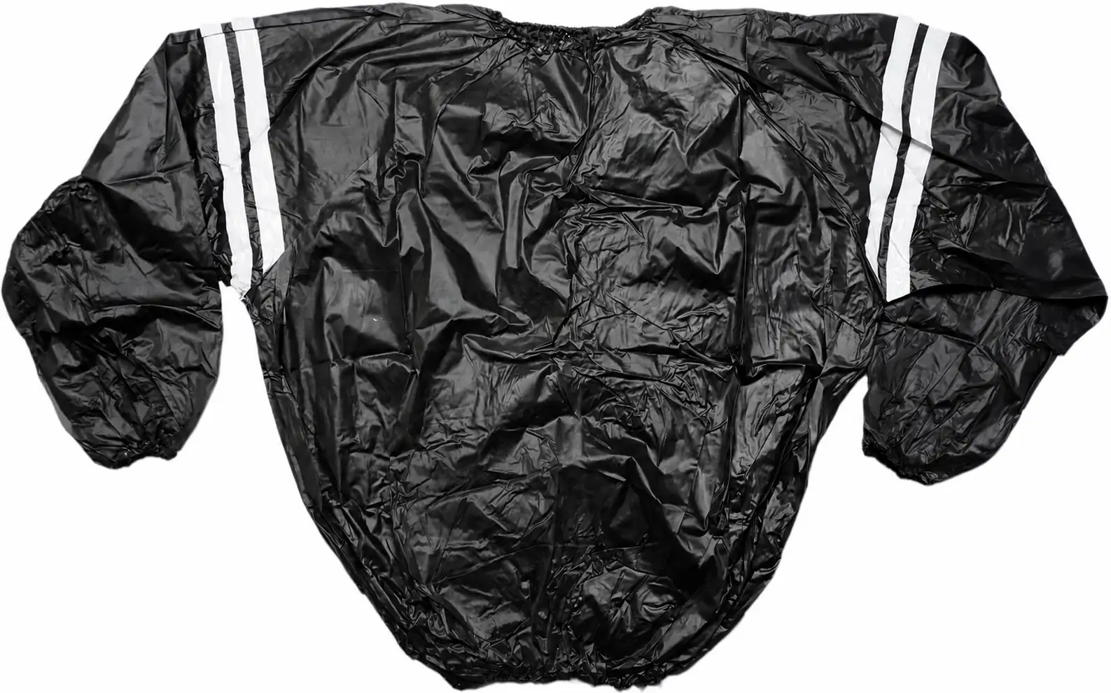 Complete black PVC rain jacket showing glossy surface, reflective strips and full garment construction