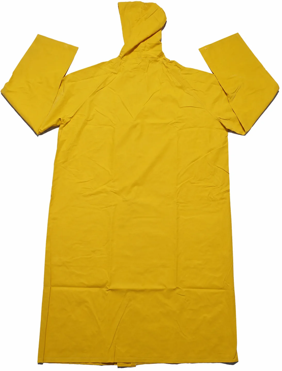 Complete yellow PVC raincoat rear view showing hood, sleeves and panel geometry